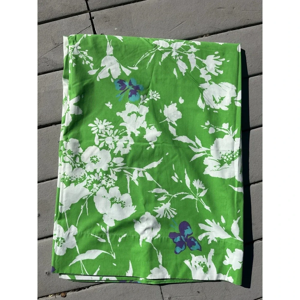 Vintage Fieldcrest Twin Flat‎ Sheet Floral Green with Purple Butterflies USA 60s